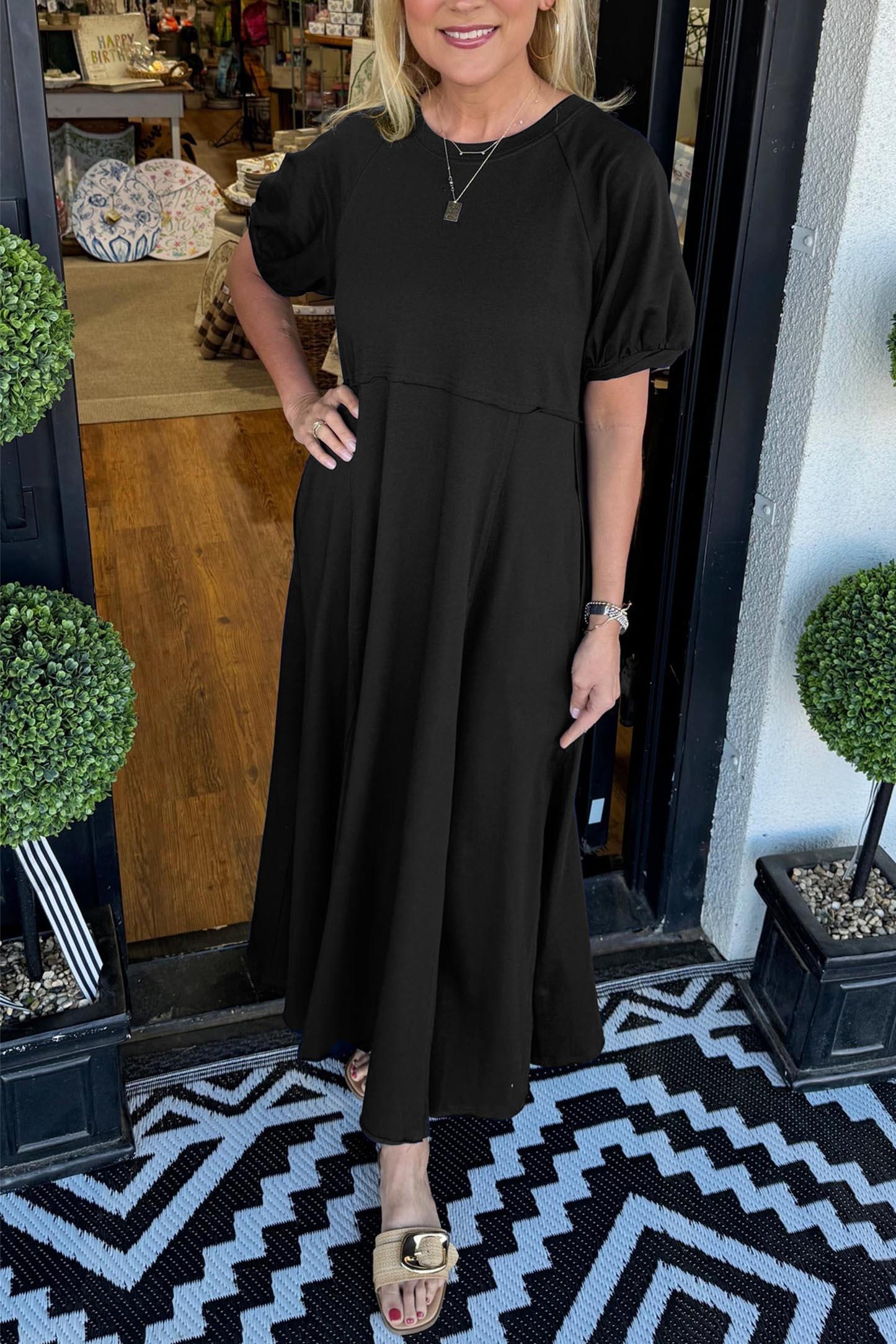Chic Puff Sleeve Round Neck Maxi Dress