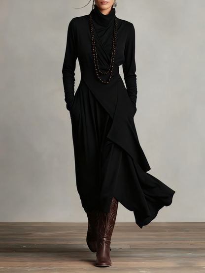 Giorgia - Asymmetrical Maxi Pleated Dress in Purple with High Neck (Necklace not included)